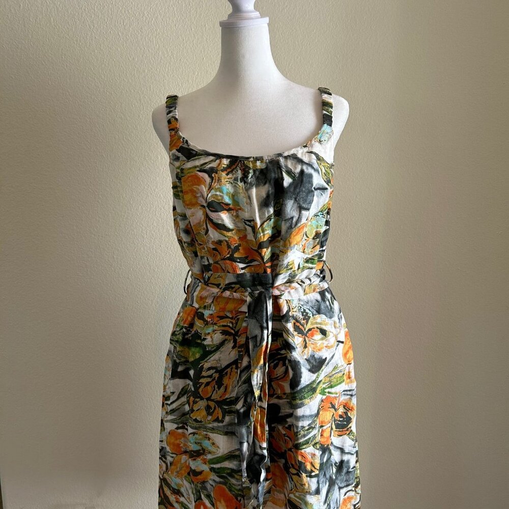 Floral Linen Midi Dress L Square Neck Sleeveless Belted Euro Summer Vacation - Picture 2 of 9